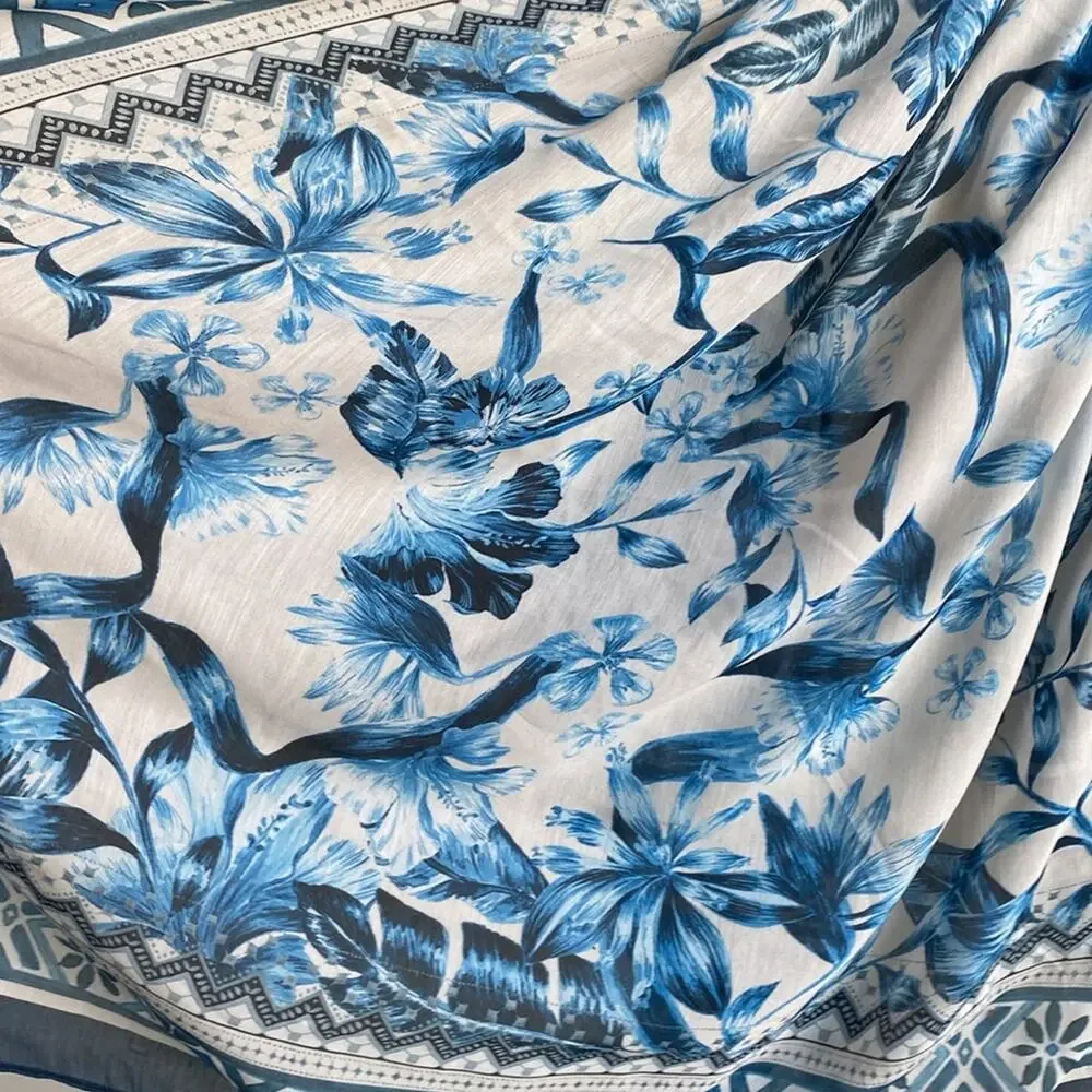 Floral Print Scarf Blue White One Size